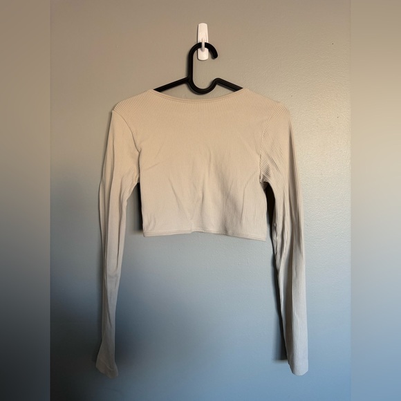 Garage Ribbed Tie Front Long Sleeve Crop Top - Picture 2 of 3